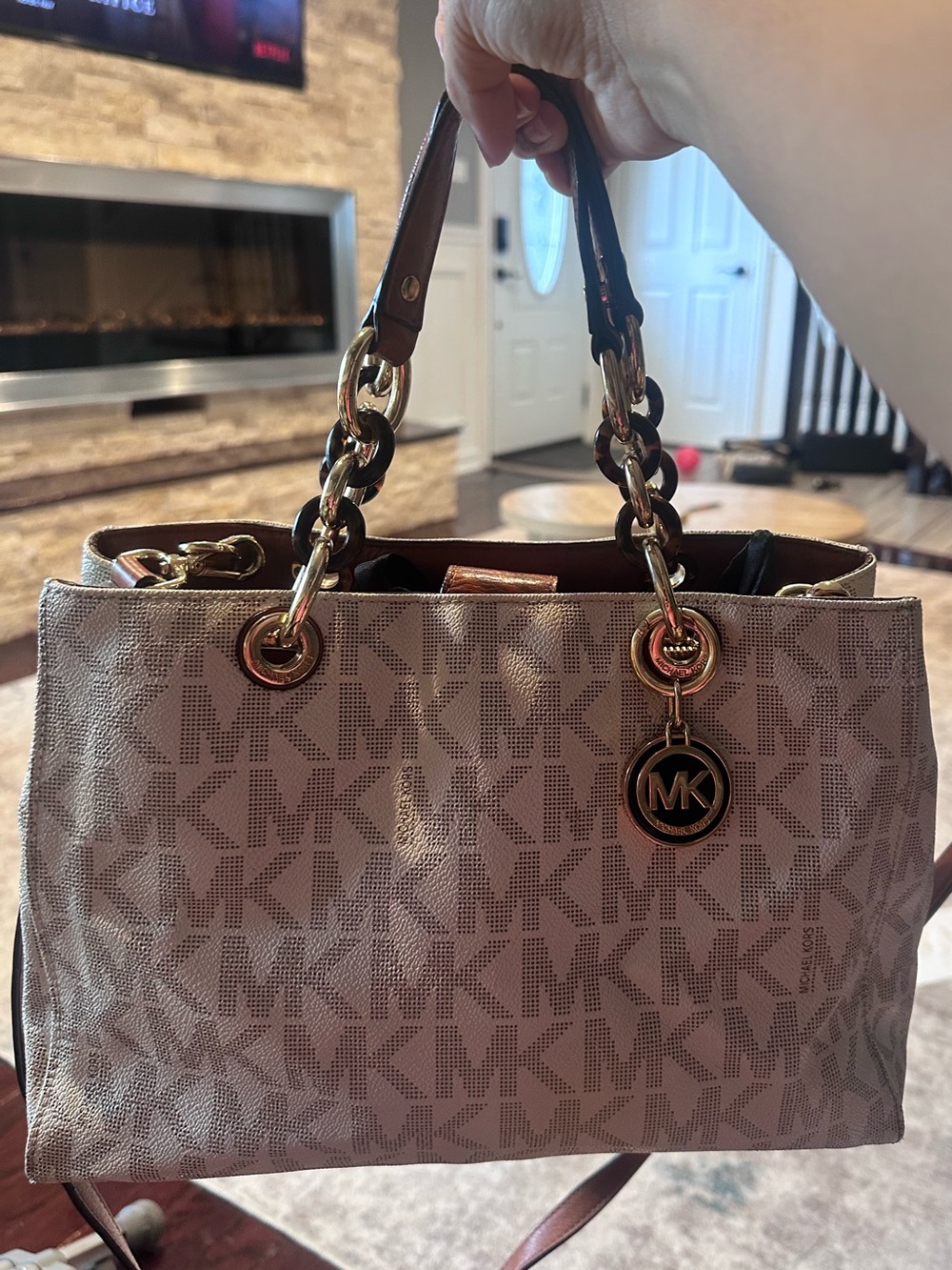 Michael Kors Taupe MK Logo Chain-Handle Shoulder Bag with Gold Accents